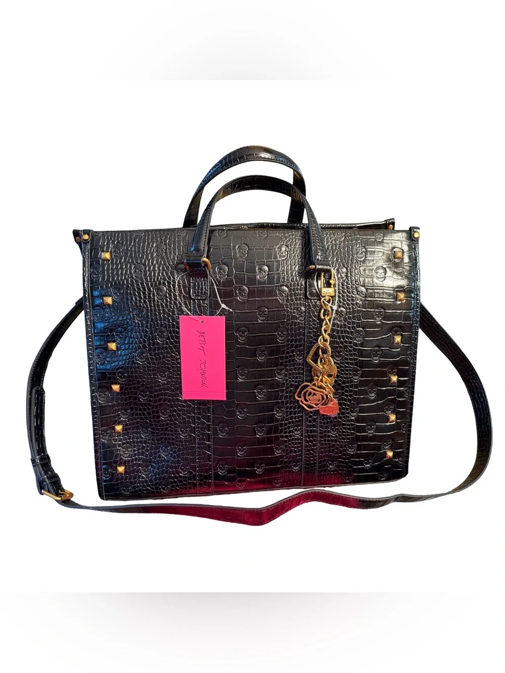 Betsey Johnson NWT Black Croc Skull Embossed Tote Bag & Gold Skull Charm (P234)